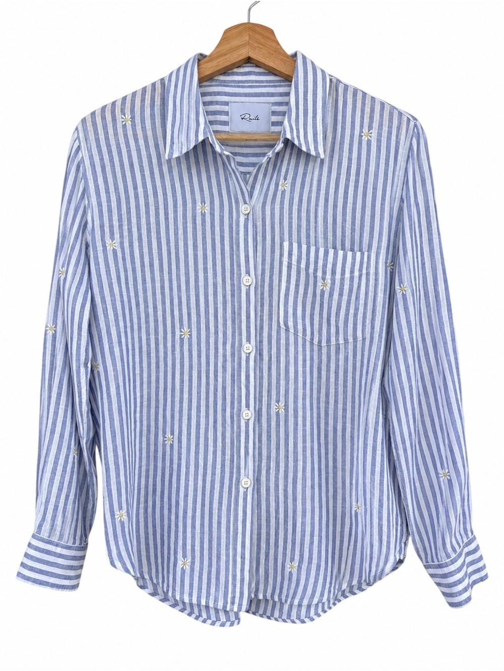 Rails Charli Blue Stripe Daisy Embroidered Linen Blend Button Shirt Small